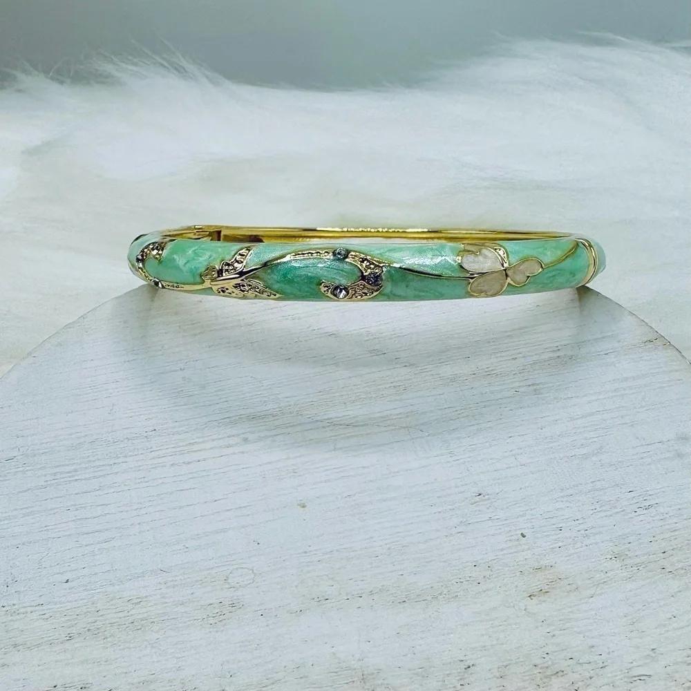 Green Flower Enamel Cloisonne Bracelet Bangle